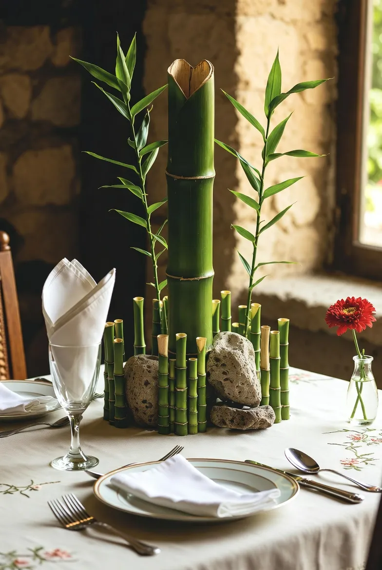 Elegant table setting with bamboo and stone accents