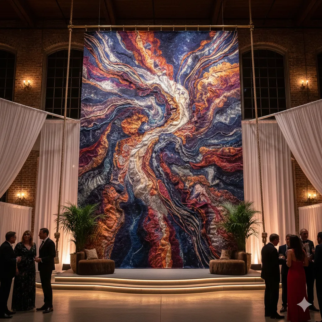 Large textile wall hanging in event space